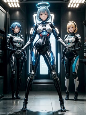 A woman, wearing black mecha suit with blue metal parts + blue robotic armor, suit with light coupling, extremely tight and tight suit, (luminous helmet, cybernetic on the head), monstrously giant breasts, blue hair, short hair, hair with bangs in front of the eyes, looking at the viewer, (((erotic pose interacting and leaning [on a structure|on something|on an object]))), in a spaceship with many computers, machines, windows, robots, luminous pipes, ((full body):1.5), 16k, UHD, best possible quality, ultra detailed, best possible resolution, Unreal Engine 5, professional photography, well-detailed fingers, well-detailed hand, perfect_hands, ((halo infinite))