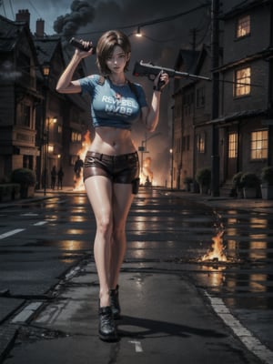 {((1 woman))}, only she is {((wearing short blue t-shirt and extremely tight brown leather shorts, short and tight on the body)), only elá has ((giant breasts)), (((short brown hair very slick, blue eyes)), staring at the viewer, smiling, ((pose with gun, macabre city, night, fog, multiple people+zombies walking in the street, cars destroyed, houses on fire)},  ((full body):1.3), ((Resident Evil)), 16k, best quality, best resolution, best sharpness,
