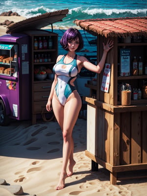 {((1cyborg woman))}, only she is {((bionic body parts, wearing extremely short and tight transparent ceda white swimsuit on the body)), only elá has ((giant breasts)), (((very slick purple short hair, blue eyes)), staring at the viewer, smiling, ((pose, at a food kiosk in front of the beach, strong sun, sand, multiple people walking on the beach,  sea, waves))}, ((whole body):1.5), 16k, best quality, best resolution, best sharpness,