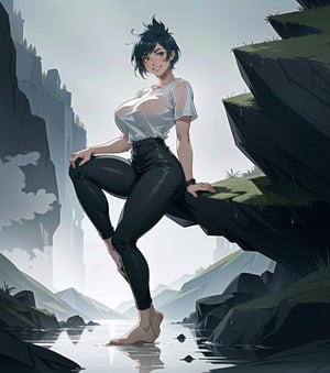 ((Masterpiece in 8K resolution, realistic style with anime touches, effect of light reflected on wet surfaces.)) | A beautiful 33-year-old woman with gigantic breast wears a tight white T-shirt and a red accordion skirt, revealing her bare feet and black climbing gloves. Her (her (short blue hair is arranged in a mohawk)), and her ((red eyes)) shine brightly as ((smiles at the viewer, showing her teeth)). She bravely holds onto damp rocks, climbing a steep mountain during a night of torrential rain. | The scene features towering rock structures and a panoramic view of a forest in the distance. The lighting is composed of cold, shadowy lights, highlighting the contrast between wet surfaces and dry elements. | Composition at an inclined angle, emphasizing the climbing prowess and the beauty of the natural scenery. | Volumetric lighting effects and reflections in rainwater, creating a unique and immersive atmosphere. | A brave woman climbs a steep mountain during a rainy night, smiling at the viewer with confidence. | The camera is positioned very close to her, revealing her entire body as she assumes a dynamic-pose, interacting with and leaning against a structure in the scene in an exciting way. | (((She takes a sensual-pose as she interacts, boldly leaning on a structure, leaning back in an exciting way.))), (((((full-body portrait))))), ((perfect_pose, perfect_anatomy, perfect_body)), ((perfect_fingers, perfect_hands, better_hands):0.6), ((perfect_composition, perfect_design, perfect_layout, perfect_detail), (ultra_detailed, More Detail, Enhance)), 