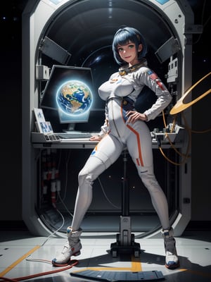 A female astronaut, wearing white astronaut suit with blue parts, ((astronaut helmet, gigantic breasts)), blue hair, messy hair, short hair, straight hair, hair with bangs in front of the eyes, looking at the viewer, (((pose with interaction and leaning on [something|an object]))), in a ship, with several computers, machines, window showing outer space,  ((full body):1.5), 16k, UHD, best possible quality, ultra detailed, best possible resolution, Unreal Engine 5, professional photography, well-detailed fingers, well-detailed hand, perfect_hands, ((NASA astronaut))