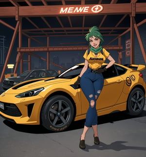 A masterpiece in an adventurous, mechanical, cyberpunk and futuristic style, rendered in 4K ultra-sharp. | The 26-year-old woman named Aiko, a skilled and passionate car mechanic, is in a sensual pose in a car repair workshop. She wears a mechanic's suit consisting of ripped jeans, a black T-shirt with a colorful logo of a racing team, and an orange safety vest. She also wears leather gloves, a pair of safety glasses and a green scarf on her head. Her green hair is in a modern and stylish cut, mohawk and short. Her red eyes are looking at the viewer, smiling showing her white teeth. The scene takes place in a car repair workshop, the place is lit by fluorescent lamps, with metal structures, wooden structures, tools, tires stacked and a race car under maintenance. | The image highlights Aiko's sensual figure and the elements of the car repair workshop. The metal and wooden structures, together with Aiko, the race car and the tools, create an adventurous, mechanical and cyberpunk environment. The artificial lighting of the fluorescent lamps creates dramatic shadows and enhances the details of the scene. | Soft and dark lighting effects create a relaxing and mysterious atmosphere, while rough and detailed textures on the structures and on Aiko's suit add realism to the image. | A sensual and adventurous scene of Aiko, a passionate car mechanic in a car repair workshop, mixing elements of adventure, mechanics, cyberpunk and futurism. | (((((The image reveals a full-body shot as she assumes a sensual pose, engagingly leaning against a structure within the scene in an exciting manner. She takes on a relaxed pose as she interacts, boldly leaning on a structure, leaning back in an exciting way))))). | ((full-body shot)), ((perfect body)), ((perfect pose)), ((perfect fingers, better hands, perfect hands)), ((perfect legs, perfect feet)), ((huge breasts, big natural breasts, sagging breasts)), ((perfect design)), ((perfect composition)), ((very detailed scene, very detailed background, perfect layout, correct imperfections)), More Detail, Enhance)), toon,Enhance