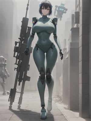 ((Full body):2) (({1/woman – cyborg}):1.5). Only {1/woman, cyborg}:((she has a semi human half machine half human body, is wearing a futuristic black suit extremely tight on her body):1.3). Only {1/woman, cyborg}:((has extremely large breasts):1.3). Only {1/woman – cyborg}:((has very short blue hair, dark green eyes):1.3). Only {1/woman – cyborg}:((stunning sensual poses holding a futuristic sniper rifle standing):1.3). In a futuristic city, it's raining a lot at night, the city is with ((several robots running):1.5) behind Only {1/cyborg woman}. anime, anime style, 16k, high resolution, ((best quality, high detail: 1.3)), UHD, ((masterpiece))