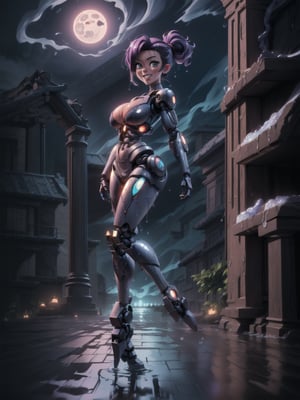 ((full body):1.5) ((1woman+cyborg+ninja):1.2): only she is wearing mecha+ninja+spiderman clothing, black with white parts, extremely tight on her body, only she is doing erotic pose for the viewer, smiling, look of pleasure, expression of orgasm, naughty face, leaning against a pillar, only she has short purple mohawk hair and sparkling blue eyes, only she has ((extremely large breasts and her whole body is wet with water ):1.2), only she is in a mythical temple with ((ghostly environment):1.2), it's night, raining hard, 1 full moon in the sky. 16k, high quality, high details, UHD, masterpiece