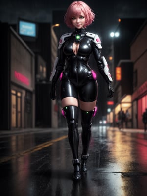 ((Full body):1.25); (1woman:1.2); 1woman: wearing black mecha latex suit with blank parts, extremely short and tight on the body; 1woman is smiling and looking at the viewer; Only 1woman has very short pink hair and green eyes, she is holding futuristic weapons; Only 1woman is in a futuristic city at night ((raining heavily): 1.2), on a street with parked cars., anime, Hyperrealism, Hyperrealism, 16k, ((high quality, high details):1.4), UHD, masterpiece,cartoon 