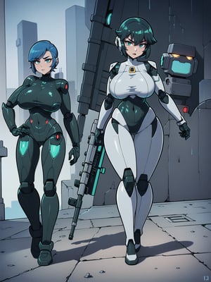 ((Full body):2), (({1/woman – cyborg}):1.6). Only {1/woman – cyborg}:((she has a semi human half machine half human body, is wearing an extremely tight futuristic black suit on her body):1.5). Only {1/woman – cyborg}:((has extremely large breasts):1.5). Only {1/woman – cyborg}:((has very short blue hair, dark green eyes):1.3). Just {1/woman – cyborg}:((striking sexy poses holding a futuristic sniper rifle standing):1.5). In a futuristic city, it is night raining very hard, the city is with ((several robots running):1.5) behind Only {1/woman – cyborg}. anime, anime style, 16k, high resolution, ((best quality, high details:1.5)), UHD, ((masterpiece))