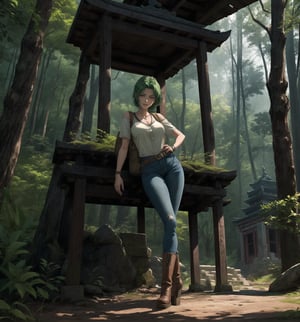 An adventure, archaeology, mystery, supernatural and anime masterpiece, rendered in crystal-clear 4K. A 30-year-old woman called Aiko, a brave and adventurous archaeologist, stands in a sensual and mysterious pose in an ancient temple in the middle of a forest. She is wearing an archaeologist's outfit consisting of a beige short-sleeved shirt, sturdy jeans and brown high boots. She also wears a brown backpack on her left shoulder, a beige wide-brimmed hat to protect her from the sun, a leather glove on her right hand and a flashlight around her waist. His green hair is cut in a modern and stylish short mohawk. His red eyes are looking at the viewer, smiling with white teeth, but with an air of mystery and danger. The scene takes place in an ancient temple in the middle of a forest, the place is mysterious and full of rock structures, wooden structures, carved rock structures and ancient ruins. The image highlights Aiko's sensual figure and the mysterious and supernatural elements of the ancient temple. The rock and wooden structures, together with Aiko, the ancient ruins and the sculptures, create an atmosphere of adventure, archaeology and mystery. The natural lighting of the forest and the shadows created by the structures enhance the details of the scene and create an even more mysterious atmosphere. Soft, shadowy lighting effects create a tense, mystery-laden atmosphere, while rough, detailed textures on the structures and Aiko's costume add realism to the image. | A sensual and mysterious scene of Aiko, a brave archaeologist in an ancient temple in the middle of a forest, mixing elements of adventure, archaeology, mystery and the supernatural in anime style. | (((((The image reveals a full-body shot as she assumes a sensual pose, engagingly leaning against a structure within the scene in an exciting manner. She takes on a relaxed pose as she interacts, boldly leaning on a structure, leaning back in an exciting way))))). | ((full-body shot)), ((perfect body)), ((perfect pose)), ((perfect fingers, better hands, perfect hands)), ((perfect legs, perfect feet)), ((perfect design)), ((perfect composition)), ((very detailed scene, very detailed background, perfect layout, correct imperfections)), More Detail, Enhance