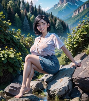 ((Masterpiece in 8K resolution, realistic style with anime touches, effect of light reflected on wet surfaces.)) | A beautiful 33-year-old woman with ((huge breasts)) wears a tight white T-shirt and a red accordion skirt, revealing her bare feet and black climbing gloves. Her her ((short blue hair is arranged in a mohawk)), and her ((red eyes)) shine brightly as ((smiles at the viewer, showing her teeth)). She bravely holds onto damp rocks, climbing a steep mountain during a night of torrential rain. | The scene features towering rock structures and a panoramic view of a forest in the distance. The lighting is composed of cold, shadowy lights, highlighting the contrast between wet surfaces and dry elements. | Composition at an inclined angle, emphasizing the climbing prowess and the beauty of the natural scenery. | Volumetric lighting effects and reflections in rainwater, creating a unique and immersive atmosphere. | A brave woman climbs a steep mountain during a rainy night, smiling at the viewer with confidence. | (((She takes a sensual-pose as she interacts, boldly leaning on a structure, leaning back in an exciting way.))), (((((full-body portrait))))), ((perfect_pose, perfect_anatomy, perfect_body)), ((perfect_fingers, perfect_hands, better_hands)), ((perfect_composition, perfect_design, perfect_layout, perfect_detail), (ultra_detailed, More Detail, Enhance)), (huge_breasts:1.5)