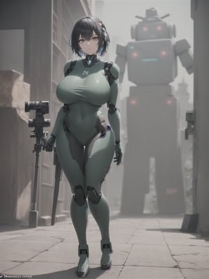 ((Full body):2) (({1/woman – cyborg}):1.5). Only {1/woman – cyborg}:((she has a semi human half machine half human body, is wearing a futuristic black suit extremely tight on her body):1.3). Only {1/woman – cyborg}:((has extremely large breasts):1.3). Only {1/woman – cyborg}:((has very short blue hair, dark green eyes):1.3). Only {1/woman – cyborg}:((stunning sensual poses holding a futuristic sniper rifle standing):1.3). In a futuristic city, it's raining a lot at night, the city is with ((several robots running):1.5) behind Only {1/woman – cyborg}. ((Unreal Engine 5):1.3), Mortal Kombat, 16k, high resolution, ((best quality, high detail: 1.3)), UHD, ((masterpiece))