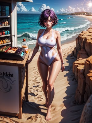 {((1 cyborg woman))}, only she is {((bionic body parts, wearing extremely short and tight transparent ceda white swimsuit on the body)), only elá has ((giant breasts)), (((very slick purple short hair, blue eyes)), staring at the viewer, smiling, ((pose, at a food kiosk in front of the beach, strong sun, sand, multiple people walking on the beach,  sea, waves))}, ((whole body):1.5), 16k, best quality, best resolution, best sharpness,