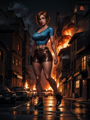 {((1 woman))}, only she is {((wearing short blue t-shirt and extremely tight brown leather shorts, short and tight on the body)), only elá has ((giant breasts)), ((very slick brown short hair, blue eyes)), staring at the viewer, smiling, ((pose with gun, macabre city, at night, fog, several zombies walking in the street, destroyed cars, houses on fire))}, ((full body):1.5), ((Resident Evil)),  16k, best quality, best resolution, best sharpness,