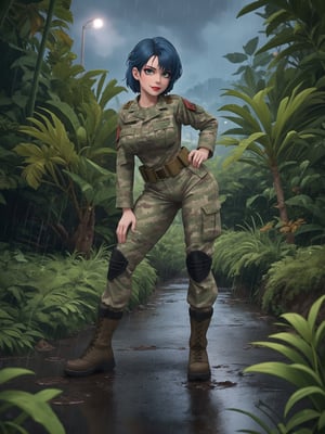 Resolution impeccable in 8K, ultra-detailed. In a style that pays homage to the Metal Gear Solid universe from Konami, created by Hideo Kojima, combining elements of realism and military aesthetics with nuances of anime. | In the dense night jungle, a stunning woman wears the iconic Snake suit from Metal Gear Solid 3. The American military uniform, snug and camouflaged for forests, stands out in detail, with soldier paint on her face. Her gigantic and firm breasts discreetly accentuate the silhouette. Blue hair, short with bangs over the right eye and two strands, adds a touch of unique style. | The figure, looking directly at the viewer, is immersed in the night jungle, filled with concrete military warehouses, trees, and logs. A military vehicle completes the scene, its presence standing out in the landscape. Heavy rain creates mud puddles, adding a dynamic element to the scene. | The composition, in atmospheric perspective, highlights the woman as the focal point, with a wide angle and an f/2.0 aperture to maximize depth. Rain lighting enhances the texture of the jungle, while the details of the suit, the figure, and the military vehicle are evident. | An extraordinary woman, embodying the essence of the Metal Gear Solid universe, facing the night challenges of the jungle with a captivating presence. | She: ((interacting and leaning on anything, very large structure+object, leaning against, sensual pose):1.3), ((Full body image)), perfect hand, fingers, hand, perfect, better_hands, More Detail,