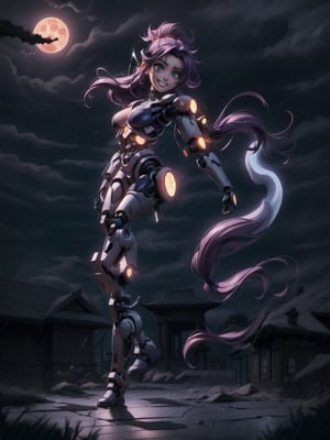 ((full body):1.5) ((1woman+cyborg+ninja):1.2): only she is wearing mecha+ninja+spiderman clothing, black with white parts, extremely tight on her body, only she is doing erotic pose for the viewer, smiling, look of pleasure, expression of, naughty face, leaning against a pillar, only she has short purple mohawk hair and sparkling blue eyes, only she is in a mythical temple with ((ghostly environment):1.2), it's night, ((raining hard):1.2), 1 full moon in the sky. 16k, high quality, high details, UHD, masterpiece