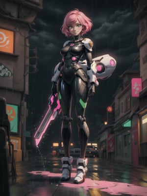 ((Full body):1.25); (1woman:1.2); 1woman: wearing black mecha latex suit with blank parts, extremely short and tight on the body; 1woman is smiling and looking at the viewer; Only 1woman has very short pink hair and green eyes, she is holding futuristic weapons; Only 1woman is in a futuristic city at night ((raining heavily): 1.2), on a street with parked cars., anime, Hyperrealism, Hyperrealism, 16k, ((high quality, high details):1.4), UHD, masterpiece,cartoon 