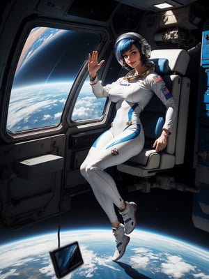 A female astronaut, wearing white astronaut suit with parts in blue, ((astronaut helmet with transparent rearview mirror, gigantic breasts)), blue hair, messy hair, short hair, flat hair, hair with bangs in front of the eyes, looking at the viewer, (((pose with interaction and leaning on [something|an object]))), on a space station without gravity, with several computers, machines, window showing the cideral space,, ((full body):1.5), 16k, UHD, best possible quality, ultra detailed, best possible resolution, Unreal Engine 5, professional photography, well-detailed fingers, well-detailed hand, perfect_hands, , ((NASA astronaut))