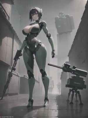 ((Full body):2) (({1/woman – cyborg}):1.5). Only {1/woman, cyborg}:((she has a semi human half machine half human body, is wearing a futuristic black suit extremely tight on her body):1.3). Only {1/woman, cyborg}:((has extremely large breasts):1.3). Only {1/woman – cyborg}:((has very short blue hair, dark green eyes):1.3). Only {1/woman – cyborg}:((stunning sensual poses holding a futuristic sniper rifle standing):1.3). In a futuristic city, it's raining a lot at night, the city is with ((several robots running):1.5) behind Only {1/cyborg woman}. ((Unreal Engine 5):1.3), anime, anime style, 16k, high resolution, ((best quality, high detail: 1.3)), UHD, ((masterpiece))