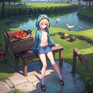 best quality,((1girl, solo)),fullbody, light blue eyes,(light blonde hair),short hair,short shirt,flat chest,glasses,blue hoddie,blue skirt, red shoes,(black socks),((picking a scissor,wet,a hand on the hair))
(farm,tomatoes,plantation,a village in the distance, river ),smile, cute, sweat,
ducks,frogs,birds,sheeps,boat
,cupa_minecraft,no_humans,scenery