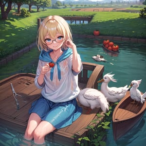 best quality,((1girl, solo)),fullbody, light blue eyes,(light blonde hair),short hair,short shirt,flat chest,glasses,blue hoddie,blue skirt, red shoes,(black socks),((picking a scissor,wet,a hand on the hair))
(farm,tomatoes,plantation,a village in the distance, river ),smile, cute, sweat,
ducks,frogs,birds,sheeps,boat
,cupa_minecraft,no_humans,scenery