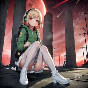 1girl,solo,highquality,
(sad,cute,red eyes),looking at viewer,space helmet in hand,
(light blonde hair,pixie_hairstyle),
(((white mini skirt, white skirt,white long socks,black ankle boots,black pantyhose, Brown backpack))),
(((dry, ruins, red sky,thick fog))),
((((red sky,darkness,night,stars,green sun))),
((white panties,up the skirt,))
((bones in the floor)),
((headphones))
