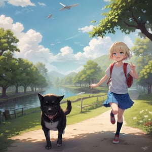 best quality,((1girl,solo)),fullbody, light blue eyes,(light blonde hair),short hair,short shirt,flat chest,blue hoddie,blue skirt, red shoes,backpack,(black socks),((picking a appple,a hand on the hair))((a dog running in the land))
(farm,tomatoe plantation,a village in the distance, river ),smile, cute, sweat,birds in the sky,boat,windmill,airplane in the sky
,cupa_minecraft