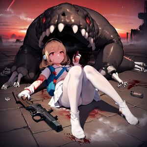 1girl,solo,highquality,
(sad,cute,red eyes),looking the sky,
(light blonde hair,pixie_hairstyle),flooting blood,
(((white mini skirt, (white skirt),white long socks,black ankle boots,pantyhose, Brown backpack,gun,taking a gun,lying on the floor))),
(((desert,sea,camps, ruins, red sky,thick fog,
gloomy mist))),
((((oscure sky,darkness,night,stars, 
spacecraft))),
((white panties,up the skirt,))
((bones in the floor)),water stuck,water well
((white headphones, blood in the air, blood in the floor)),

(((monster)))