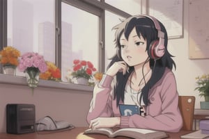 lofi girl Billie Wallace In your room at your desk holding a different book for your backyard full of flowers  with headphone, style Akira anime