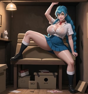 A masterpiece in 8K ultra-detailed with realistic and horror styles, rendered in ultra-high resolution with graphic details. | A 23-year-old woman with enormous breasts, wearing a dirty and deteriorated schoolgirl outfit with a torn blue pleated skirt, dirty white blouse, stained white knee-high socks, worn-out black shoes, and a faded red bow around her neck. Long blue hair with braids and two buns. Yellow eyes, ((looking at the viewer, smiling and showing teeth, wearing red lipstick)). Located in a grimy basement with wooden structures, an old sofa, and metal structures. The dim light of a single lamp hanging from the ceiling illuminates the place, casting dancing shadows on the basement walls. An old sofa, cardboard boxes, and cobwebs adorn the scene. | The image highlights the imposing figure of the young woman and the architectural elements of the basement. The wooden structures, old sofa, cardboard boxes, and cobwebs, along with the young woman, create a frightening and unsettling environment. The dim light of the hanging lamp creates dramatic shadows and emphasizes the details of the scene. | Soft and somber lighting effects create a tense and mysterious atmosphere, while rough and detailed textures on the structures and outfit add realism to the image. | A disturbing and unsettling scene of a young woman in a grimy basement, exploring themes of horror and suspense. | (((The image reveals a full-body shot as she assumes a sensual pose, engagingly leaning against a structure within the scene in an exciting manner. She takes on a sensual pose as she interacts, boldly leaning on a structure, leaning back and boldly throwing herself onto the structure, reclining back in an exhilarating way.)))+++. | ((((full-body shot))))+++, ((perfect pose))+++, ((perfect arms):1.2), ((perfect limbs, perfect fingers, better hands, perfect hands, hands)), ((perfect legs, perfect feet):1.2), she has ((perfect breasts, firm breasts, saggy breasts, huge breasts)), ((perfect design)), ((perfect composition)), ((very detailed scene, very detailed background, perfect layout, correct imperfections)), (((Enhance))), ((More Detail, poakl, milf))+++