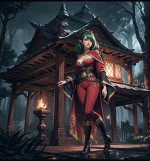 Masterpiece in HD resolution, fantasy style inspired by the game Warcraft, with magical and horror elements. | A beautiful 30-year-old mystical sorceress is at the center of the scene. She wears a tall, black pointed hat, a long, flowing tunic with long red sleeves, a wide, decorative brown belt, tight dark red pants, tall black boots, long gloves, and a long, flowing black cape. His green hair is straight, long and has large bangs that partially cover his right eye. She has yellow eyes, wears red lipstick and smiles showing her teeth while looking directly at the viewer. | The scene takes place in a mystical forest at night during heavy rain. The environment is made up of many trees, rock structures, wooden structures, logs and ancient architecture, creating an enchanted and frightening atmosphere. | Composition in a medium shot angle, highlighting the figure of the sorceress in the center of the scene. The camera captures the details of the environment and the character's facial expression. | Magical and dark lighting effects highlight the contrasts between colors and create an atmosphere of mystery and fear. | A mystical, seductive sorceress in an enchanted forest at night during a storm, conveying a sense of magic and danger. | The camera revealing a full-body_image as she assumes a sensual pose, interacting and leaning against a structure in the scene in an exciting way. | (((She takes a sensual pose as she interacts, boldly leaning on a structure, leaning back in an exciting way))), (((((full-body_image))))), ((perfect pose, perfect anatomy, perfect body)), (((better hands, perfect fingers, perfect legs, perfect hands))), (((huge breasts, perfect breasts))), very detailed scene, very detailed background, ((((perfect composition, perfect design, perfect layout, correct imperfections, correct errors)))), Add more detail, More Detail, Enhance