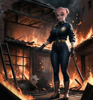 An ultra-detailed 8K masterpiece with a realistic and dramatic style, rendered in ultra-high resolution with graphic detail. | Maya, a young 23-year-old woman, is dressed in a yellow and black firefighter outfit consisting of a fire-resistant leather jacket, fire-resistant leather pants, black rubber boots, and a yellow helmet with a visor. She also wears black leather gloves, a seat belt with tools, and an oxygen tank on her back. Her pink hair is styled in a high bun, with a few loose strands falling across her face. She has green eyes, looking at the viewer with a ((confident smile that shows her teeth)). She is located inside a burning apartment, with destroyed structures, brick structures, burned machines and burned wooden structures. The fire is spreading quickly, creating high flames and thick smoke. Maya is using her experience and equipment to navigate the burning apartment, looking for survivors and fighting the flames. | The image highlights Maya's courageous figure and the destructive elements of the burning apartment. The destroyed structures, brick structures, burned machinery and burned wooden structures, along with the firefighter, create a chaotic and dangerous environment. The tall flames and thick smoke surrounding the firefighter add a dramatic touch to the scene. | Dramatic lighting effects with shades of red, orange and yellow highlight the contrasts between light and shadow, enhancing the intensity of the scene and creating an atmosphere of emergency. Detailed textures on the skin, suit, helmet, gloves, seat belt, oxygen tank and boots add realism to the image. | A dramatic and emotional scene of a young firefighter using her experience and equipment to navigate a burning apartment, searching for survivors and fighting the flames. | ((((full-body shot)))), ((perfect pose)), ((perfect limbs, perfect fingers, better hands, perfect hands, hands):0.8), ((perfect legs, perfect feet)), ((perfect design)), ((perfect composition)), ((very detailed scene, very detailed background, perfect layout, correct imperfections)), Enhance, Ultra details++, More Detail, poakl