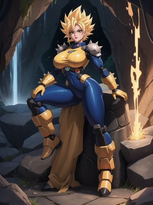 A woman, wearing all white mecha suit, mecha suit with parts in blue, mecha suit with cybernetic armor, very tight mecha suit, gigantic breasts, ((super saiyan hair, super saiyan spiked hair)), golden hair, very short hair, messy hair, hair with bangs in front of the eyes, (looking directly at the viewer), she is, in a dungeon in a cave, with many machines, monsters, robots, altars, pillars of stones, luminous pipes, waterfall, 16K, UHD, best possible quality, ultra detailed, best possible resolution, Unreal Engine 5, professional photography, she is, ((sensual pose with interaction and leaning on anything + object + on something + leaning against)) + perfect_thighs, perfect_legs, perfect_feet, better_hands, ((full body)), More detail,