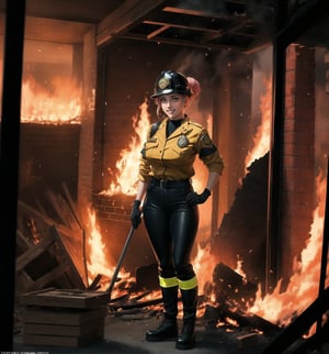 An ultra-detailed 8K masterpiece with a realistic and dramatic style, rendered in ultra-high resolution with graphic detail. | Maya, a young 23-year-old woman, is dressed in a yellow and black firefighter outfit consisting of a fire-resistant leather jacket, fire-resistant leather pants, black rubber boots, and a yellow helmet with a visor. She also wears black leather gloves, a seat belt with tools, and an oxygen tank on her back. Her pink hair is styled in a high bun, with a few loose strands falling across her face. She has green eyes, looking at the viewer with a ((confident smile that shows her teeth)). She is located inside a burning apartment, with destroyed structures, brick structures, burned machines and burned wooden structures. The fire is spreading quickly, creating high flames and thick smoke. Maya is using her experience and equipment to navigate the burning apartment, looking for survivors and fighting the flames. | The image highlights Maya's courageous figure and the destructive elements of the burning apartment. The destroyed structures, brick structures, burned machinery and burned wooden structures, along with the firefighter, create a chaotic and dangerous environment. The tall flames and thick smoke surrounding the firefighter add a dramatic touch to the scene. | Dramatic lighting effects with shades of red, orange and yellow highlight the contrasts between light and shadow, enhancing the intensity of the scene and creating an atmosphere of emergency. Detailed textures on the skin, suit, helmet, gloves, seat belt, oxygen tank and boots add realism to the image. | A dramatic and emotional scene of a young firefighter using her experience and equipment to navigate a burning apartment, searching for survivors and fighting the flames. | ((((full-body shot)))), ((perfect pose)), ((perfect limbs, perfect fingers, better hands, perfect hands, hands):0.8), ((perfect legs, perfect feet)), ((perfect design)), ((perfect composition)), ((very detailed scene, very detailed background, perfect layout, correct imperfections)), Enhance, Ultra details++, More Detail, poakl