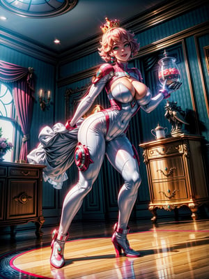 A woman, wearing the white mecha costume+MegaMan costume+Spider-Man costume, gigantic breasts, pink hair, very short hair, curly hair, bangs in front of the eyes, gold crown with jewels on the head, looking at the viewer, (((erotic pose interacting and leaning on an object))), in a princess room in a castle with furniture, statue, window showing the city with a beautiful sun at the top right, ((full body):1.5). 16k, UHD, best possible quality, ((best possible detail):1), best possible resolution, Unreal Engine 5, professional photography, ((Princess Peach)), perfect_hands,in the style of SM