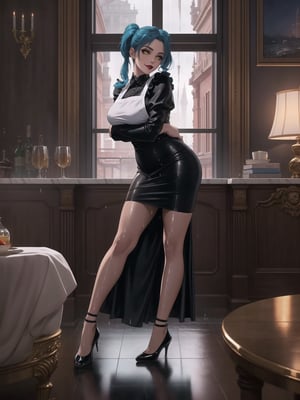 High resolution in 4K, inspired by urban surrealism with touches of classic elegance. | The housekeeper, a beautiful 30-year-old woman, works boldly and sensually. Dressed in a black maid outfit with a white apron, lycra stockings, and black flat shoes, she stares directly at the viewer with her long, blue hair tied in two pigtails with metallic clips, adding a playful touch to her appearance. Her entire body and clothing are wet from water, giving a bold look to the scene. | The setting is in a large and luxurious apartment, filled with elegant furniture and marble structures. A glass dining table, a bookshelf with a 90-inch television, and a window overlooking the rainy city at night make up the scene. The housekeeper, with a bold attitude, interacts with imposing structures, leaning on them and adopting sensual poses, creating a provocative and unique dynamic. | A 30-year-old housekeeper with a blend of urban surrealism and classic elegance, working boldly and sensually in a luxurious apartment during a rainy night. | She: ((iinteracting with audacity, leaning on imposing structures, adopting sensual poses):1.3), (((Full body image))), perfect hand, fingers, hand, perfect, better_hands, More Detail,Fantexi