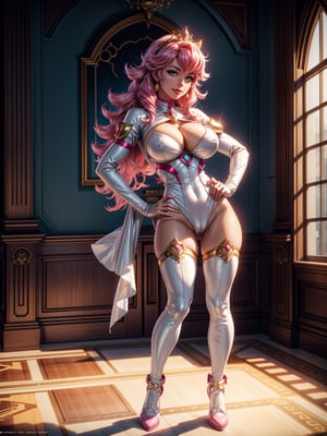 A woman, wearing the white mecha costume+MegaMan costume+Spider-Man costume, ((gigantic breasts, firm breasts, breasts appearing, pussy appearing, pussy juice)), pink hair, curly hair, bangs in front of the eyes, gold crown with jewels on the head, looking at the viewer, (((erotic pose interacting and leaning on an object))), in a princess room in a castle with furniture, statue, window showing the city with a beautiful sun at the top right, ((full body):1.5). 16k, UHD, best possible quality, ((best possible detail):1), best possible resolution, Unreal Engine 5, professional photography, ((Princess Peach)), perfect_hands, ((perfect_hand):1.3), ((perfect_finger):1.3), in the style of SM