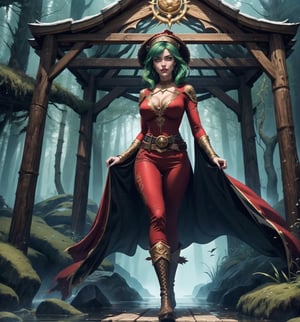 Masterpiece in HD resolution, fantasy style inspired by the game Warcraft, with magical and horror elements. | A beautiful 30-year-old mystical sorceress is at the center of the scene. She wears a tall, black pointed hat, a long, flowing tunic with long red sleeves, a wide, decorative brown belt, tight dark red pants, tall black boots, long gloves, and a long, flowing black cape. His green hair is straight, long and has large bangs that partially cover his right eye. She has yellow eyes, wears red lipstick and smiles showing her teeth while looking directly at the viewer. | The scene takes place in a mystical forest at night during heavy rain. The environment is made up of many trees, rock structures, wooden structures, logs and ancient architecture, creating an enchanted and frightening atmosphere. | Composition in a medium shot angle, highlighting the figure of the sorceress in the center of the scene. The camera captures the details of the environment and the character's facial expression. | Magical and dark lighting effects highlight the contrasts between colors and create an atmosphere of mystery and fear. | A mystical, seductive sorceress in an enchanted forest at night during a storm, conveying a sense of magic and danger. | The camera revealing a full-body_image as she assumes a sensual pose, interacting and leaning against a structure in the scene in an exciting way. | (((She takes a sensual pose as she interacts, boldly leaning on a structure, leaning back in an exciting way))), (((((full-body_image))))), ((perfect pose, perfect anatomy, perfect body)), (((better hands, perfect fingers, perfect legs, perfect hands))), (((huge breasts, perfect breasts))), very detailed scene, very detailed background, ((((perfect composition, perfect design, perfect layout, correct imperfections, correct errors)))), Add more detail, More Detail, Enhance