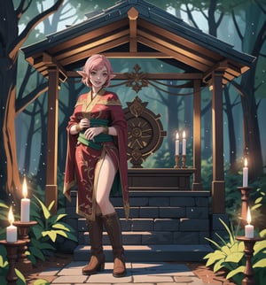 An ultra-detailed 16K masterpiece in the styles of Warcraft, fantasy and adventure, rendered in ultra-high resolution with realistic detail. Naiya, a beautiful 23-year-old woman, is dressed as an archer in an elven forest at night, when it's raining hard. She wears a green suit of clothes, a brown sash, brown boots and brown gloves. Her short pink hair is styled in a Mohican cut, with gradient effects. She has red eyes, looking at the viewer while smiling, showing her teeth and wearing red lipstick. The image emphasises Naiya's imposing figure and the architectural elements of the elven forest. The trunks, trees, rock structures, pillars and wooden structures create a mysterious and tense atmosphere. The melted wax candles, stone sarcophagus and bones scattered on the ground add macabre detail to the scene. Soft, sombre lighting effects create a relaxing, mysterious atmosphere, while detailed textures on the structures and costume add realism to the image. | A tense and mysterious scene of a beautiful female archer in an elven forest at night, raining heavily, fusing elements of Warcraft, fantasy and adventure. (((The image reveals a full-body shot as Naiya assumes a sensual pose, engagingly leaning against a structure within the scene in an exciting manner. She takes on a sensual pose as she interacts, boldly leaning on a structure, leaning back and boldly throwing herself onto the structure, reclining back in an exhilarating way.))). | ((((full-body shot)))), ((perfect pose)), ((perfect limbs, perfect fingers, better hands, perfect hands, hands)), ((perfect legs, perfect feet)), ((huge breasts)), ((perfect design)), ((perfect composition)), ((very detailed scene, very detailed background, perfect layout, correct imperfections)), Enhance, Ultra details++, More Detail, poakl