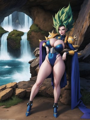A woman ((solo)), wearing all white mecha costume, mecha costume with parts in blue, mecha costume with cybernetic armor, very tight mecha costume, gigantic breasts, SuperSaiyan, green hair, super saiyan, spiked hair, (looking directly at the viewer), she is, in a dungeon in a cave, with many machines, monsters, robots, altars, stone pillars, luminous pipes, waterfall, 16K, UHD, best possible quality, ultra detailed, best possible possible resolution, Unreal Engine 5, professional photography, she is, ((sensual pose with interaction and leaning on anything + object + on something + leaning against)) + perfect_thighs, perfect_legs, perfect_feet, better_hands, ((full body)), More detail,
