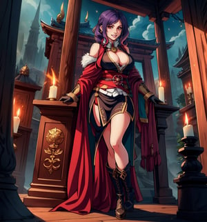 An ultra-detailed 16K masterpiece in the styles of Assassin's Creed, fantasy and adventure, rendered in ultra-high resolution with realistic detail. Kalina, a beautiful 23-year-old woman, is dressed as an assassin in an ancient temple. She wears a black cloak, a white tunic, a black belt, black boots and black gloves. Her short blue hair is styled in a Mohican cut, with gradient effects. She has red eyes, looking at the viewer while ((smiling, showing her teeth)) and wearing red lipstick. The image emphasises Kalina's imposing figure and the architectural elements of the ancient temple. The rocky, wooden and carved structures, together with the candles, create a mysterious and tense atmosphere. The melted wax candles, stone sarcophagus and bones scattered on the floor add macabre detail to the scene. Soft, sombre lighting effects create a relaxing and mysterious atmosphere, while detailed textures on the structures and costume add realism to the image. | A tense and mysterious scene of a beautiful Assassin in an ancient temple, fusing elements of Assassin's Creed, fantasy and adventure. (((The image reveals a full-body shot as Kalina assumes a sensual pose, engagingly leaning against a structure within the scene in an exciting manner. She takes on a sensual pose as she interacts, boldly leaning on a structure, leaning back and boldly throwing herself onto the structure, reclining back in an exhilarating way.))). | ((((full-body shot)))), ((perfect pose)), ((perfect limbs, perfect fingers, better hands, perfect hands, hands)), ((perfect legs, perfect feet)), ((huge breasts)), ((perfect design)), ((perfect composition)), ((very detailed scene, very detailed background, perfect layout, correct imperfections)), Enhance, Ultra details++, More Detail, poakl
