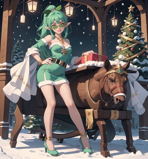 Image in Christmas, Fantasy, Adventure and Romance style, rendered in crystal clear 4K. | Minty, a 24-year-old woman with an athletic body and prominent curves, is posing in a Santa Claus house filled with wooden structures, snow, metal structures, plastic structures, a sleigh and toys. She is dressed in a green and white Santa Claus elf costume, with red details, which fits her body perfectly. Her short green hair is styled in a sleek, modern cut, while her bright yellow eyes are looking at the viewer with a bright ((bright smile, showing off her white teeth)) and red painted lips. She is also wearing a pair of green sunglasses with mirrored lenses, a gold necklace with a bell-shaped pendant, silver bracelets on her hands and a gold ring with a small diamond on her left hand. | The camera captures Minty in a three-quarter angle, with Santa's house serving as a festive, enchanted backdrop. The lighting is warm and welcoming, with twinkling lights on Christmas trees and lit candles scattered throughout the house. | Gently falling snow effects and a magical glow further add to the feeling of fantasy and adventure. | Theme Summary: Minty, an attractive young woman in a Santa elf costume, posing in a Santa house filled with toys and festive decorations. | (((((The camera captures Minty in a full-body_shot, striking a sensual_pose, leaning enticingly on a structure within the scene. She assumes a relaxed_pose as she interacts, leaning on the structure in the scene, reclining sensually to add an extra allure to the image))))). | ((perfect_body)), ((perfect_pose)), ((full-body_shot)), ((perfect_fingers, better_hands, perfect_hands)), ((perfect_legs, perfect_feet)), ((perfect_design)), ((fix_errors, perfect_composition) ), ((very detailed scene, very detailed background, perfect_layout, correct_imperfections)), ((fix_errors, More Detail, Enhance))