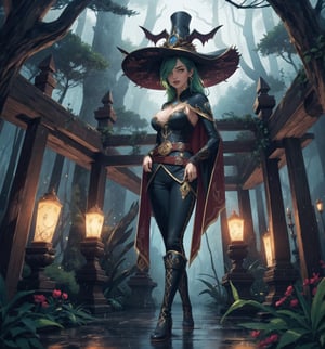 Masterpiece in HD resolution, fantasy style inspired by the game Warcraft, with magical and horror elements. | A beautiful 30-year-old mystical sorceress is at the center of the scene. She wears a tall, black pointed hat, a long, flowing tunic with long red sleeves, a wide, decorative brown belt, tight dark red pants, tall black boots, long gloves, and a long, flowing black cape. His green hair is straight, long and has large bangs that partially cover his right eye. She has yellow eyes, wears red lipstick and smiles showing her teeth while looking directly at the viewer. | The scene takes place in a mystical forest at night during heavy rain. The environment is made up of many trees, rock structures, wooden structures, logs and ancient architecture, creating an enchanted and frightening atmosphere. | Composition in a medium shot angle, highlighting the figure of the sorceress in the center of the scene. The camera captures the details of the environment and the character's facial expression. | Magical and dark lighting effects highlight the contrasts between colors and create an atmosphere of mystery and fear. | A mystical, seductive sorceress in an enchanted forest at night during a storm, conveying a sense of magic and danger. | The camera revealing a full-body_image as she assumes a sensual pose, interacting and leaning against a structure in the scene in an exciting way. | (((She takes a sensual pose as she interacts, boldly leaning on a structure, leaning back in an exciting way))), (((((full-body_image))))), ((perfect pose, perfect anatomy, perfect body)), (((better hands, perfect fingers, perfect legs, perfect hands))), (((huge breasts, perfect breasts))), very detailed scene, very detailed background, ((((perfect composition, perfect design, perfect layout, correct imperfections, correct errors)))), Add more detail, More Detail, Enhance