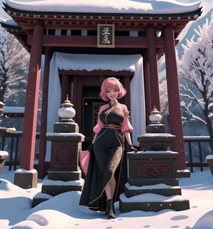 An ultra-detailed 16K masterpiece with fantasy and adventure styles, rendered in ultra-high resolution with realistic detail. Myia, a beautiful 23-year-old woman, is dressed as a ninja in an ancient temple in the snowy mountains. She wears a suit of black clothes, a red sash, black boots and black gloves. Her short ((pink hair)) is styled in a Mohican cut, with gradient effects. She has red eyes, ((looking at the viewer while smiling, showing her teeth)) and wearing red lipstick. The image emphasises Myia's imposing figure and the architectural elements of the ancient temple. The rocky, wooden and carved structures, together with the statuettes and the background of snowy mountains, create a mysterious and tense atmosphere. The melted wax candles, stone sarcophagus and bones scattered on the floor add macabre detail to the scene. Soft, sombre lighting effects create a relaxing, mysterious atmosphere, while detailed textures on the structures and costume add realism to the image. | A tense and mysterious scene of a beautiful ninja in an ancient temple in the snowy mountains, fusing elements of fantasy and adventure. (((The image reveals a full-body shot as Myia assumes a sensual pose, engagingly leaning against a structure within the scene in an exciting manner. She takes on a sensual pose as she interacts, boldly leaning on a structure, leaning back and boldly throwing herself onto the structure, reclining back in an exhilarating way.))). | ((((full-body shot)))), ((perfect pose)), ((perfect limbs, perfect fingers, better hands, perfect hands, hands)), ((perfect legs, perfect feet)), ((huge breasts)), ((perfect design)), ((perfect composition)), ((very detailed scene, very detailed background, perfect layout, correct imperfections)), Enhance, Ultra details++, More Detail, poakl