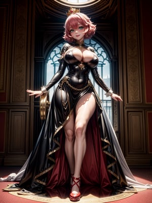 A woman, wearing black costume with white princess parts, white socks up to the cochas, red shoes, gigantic breasts, pink hair, very short hair, curly hair, bangs in front of the eyes, gold crown with jewels on the head, looking at the viewer, (((erotic pose interacting and leaning on an object))), in a princess room in a castle with furniture,  statue, window showing the city with a beautiful sun at the top right, ((full body):1.5). 16k, UHD, best possible quality, ((best possible detail):1), best possible resolution, Unreal Engine 5, professional photography, ((Princess Peach)), perfect_hands,