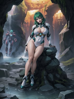 A woman, wearing all white mecha suit, mecha suit with parts in blue, mecha suit with cybernetic armor, very tight mecha suit, ((gigantic breasts, SuperSaiyan, green hair, (looking directly at the viewer), she is, in a dungeon in a cave, with many machines, monsters, robots, altars, pillars of stones, luminous pipes, waterfall, 16K, UHD, best possible quality, ultra detailed, best possible resolution, Unreal Engine 5, professional photography, she is, ((sensual pose with interaction and leaning on anything + object + on something + leaning against)) + perfect_thighs, perfect_legs, perfect_feet, better_hands, ((full body)), More detail,