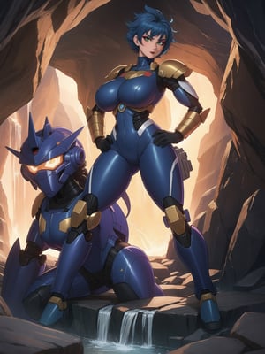 A woman, wearing all white mecha suit, mecha suit with parts in blue, mecha suit with cybernetic armor, very tight mecha suit, gigantic breasts, spiky hair, blue hair, very short hair, messy hair, hair with bangs in front of the eyes, (looking directly at the viewer), she is, in a dungeon in a cave, with many machines, monsters, robots, altars, pillars of stones, luminous pipes, waterfall, 16K, UHD, best possible quality, ultra detailed, best possible resolution, Unreal Engine 5, professional photography, she is, ((sensual pose with interaction and leaning on anything + object + on something + leaning against)) + perfect_thighs, perfect_legs, perfect_feet, better_hands, ((full body)), More detail, ((supersaiyan hair))