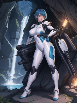 A woman, wearing all white mecha suit, mecha suit with parts in blue, mecha suit with cybernetic armor, very tight mecha suit, gigantic breasts, blue hair, very short hair, messy hair, hair with bangs in front of the eyes, (looking directly at the viewer), she is, in a dungeon in a cave, with many machines, monsters, robots, altars, pillars of stones, luminous pipes, waterfall, 16K, UHD, best possible quality, ultra detailed, best possible resolution, Unreal Engine 5, professional photography, mecha, super metroid, she is, ((sensual pose with interaction and leaning on anything + object + on something + leaning against)) + perfect_thighs, perfect_legs, perfect_feet, better_hands, ((full body)), More detail,