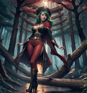 Masterpiece in HD resolution, fantasy style inspired by the game Warcraft, with magical and horror elements. | A beautiful 30-year-old mystical sorceress is at the center of the scene. She wears a tall, black pointed hat, a long, flowing tunic with long red sleeves, a wide, decorative brown belt, tight dark red pants, tall black boots, long gloves, and a long, flowing black cape. His green hair is straight, long and has large bangs that partially cover his right eye. She has yellow eyes, wears red lipstick and smiles showing her teeth while looking directly at the viewer. | The scene takes place in a mystical forest at night during heavy rain. The environment is made up of many trees, rock structures, wooden structures, logs and ancient architecture, creating an enchanted and frightening atmosphere. | Composition in a medium shot angle, highlighting the figure of the sorceress in the center of the scene. The camera captures the details of the environment and the character's facial expression. | Magical and dark lighting effects highlight the contrasts between colors and create an atmosphere of mystery and fear. | A mystical, seductive sorceress in an enchanted forest at night during a storm, conveying a sense of magic and danger. | The camera revealing a full-body_image as she assumes a sensual pose, interacting and leaning against a structure in the scene in an exciting way. | (((She takes a sensual pose as she interacts, boldly leaning on a structure, leaning back in an exciting way))), (((((full-body_image))))), ((perfect pose, perfect anatomy, perfect body)), (((better hands, perfect fingers, perfect legs, perfect hands))), (((huge breasts, perfect breasts))), very detailed scene, very detailed background, ((((perfect composition, perfect design, perfect layout, correct imperfections, correct errors)))), Add more detail, More Detail, Enhance