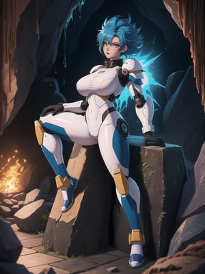 A woman, wearing all white mecha suit, mecha suit with parts in blue, mecha suit with cybernetic armor, very tight mecha suit, gigantic breasts, ((super saiyan hair)), super saiyan spiky hair, blue hair, very short hair, messy hair, hair with bangs in front of the eyes, (looking directly at the viewer), she is, in a dungeon in a cave, with many machines, monsters, robots, altars, pillars of stones, luminous pipes, waterfall, 16K, UHD, best possible quality, ultra detailed, best possible resolution, Unreal Engine 5, professional photography, she is, ((sensual pose with interaction and leaning on anything + object + on something + leaning against)) + perfect_thighs, perfect_legs, perfect_feet, better_hands, ((full body)), More detail,