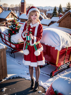(((Full body+standing up))), (RAPUNZEL LONG HAIR , ((wearing a Santa Claus outfit with+holding a gift bag)), She is smiling, looking at the viewer, ((it's snowing+on top of a house roof+with a reindeer sleigh)), Hyperrealism, 16k, best quality, high details, masterpiece, UHD, anatomically correct, textured skin,cartoon ,real