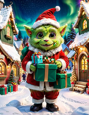 Masterpiece in maximum 16K resolution, with a charming style inspired by Christmas animations. | A beautiful and cute little monster, with green fur and big eyes full of innocence, wears the full Santa Claus costume while holding a bag of gifts. It is positioned in front of a Santa Claus village, under an aurora-lit boreal sky. | The scene presents the little monster in a charming pose, expressing joy and eagerness to distribute the gifts. Santa's village in the background is made up of decorated houses, Christmas trees and twinkling lights. | Three-dimensional composition. | The soft lighting, emphasizing Christmas tones, creates a magical and cozy atmosphere. Subtle snow effects add to the sense of enchantment. | Scene of an adorable little Christmas monster dressed as Santa Claus sharing the joy of presents in a festive village | It is adopting a ((dynamic pose as interactions, boldly leaning on a large structure, leaning back in a dynamic way):1.3), ((full body)), perfect hand, fingers, hand, perfect, better_hands, Big, More Details,more detail XL