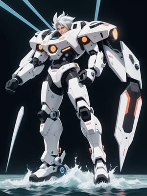 A man wearing a white mecha suit with black parts in a submarine, ((full body)). 16k, UHD, better quality, better resolution, better detail, Super Saiyan Superior Instinct